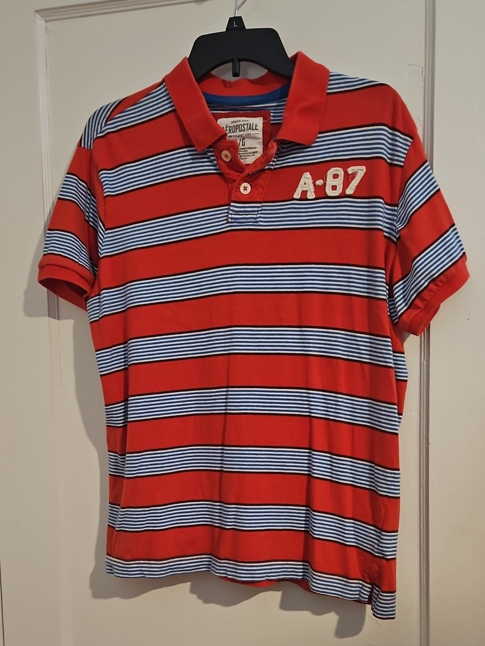Aeropostale Red Striped Polo with Blue & White Accents Size Large